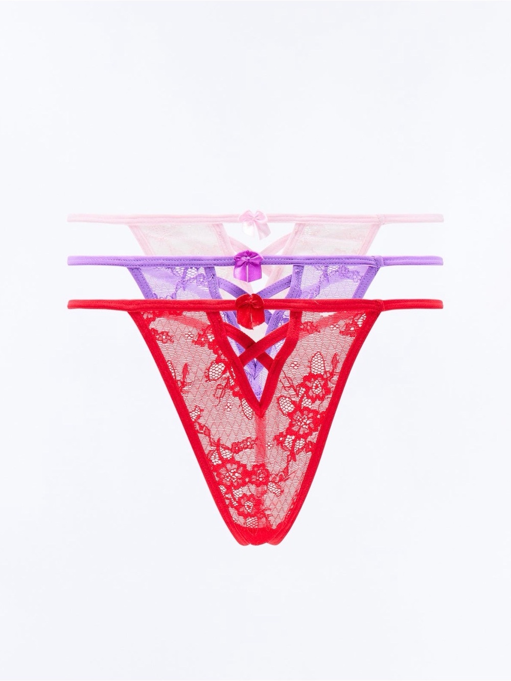 Lace Thong Panty Set - Red, Purple, Pink
